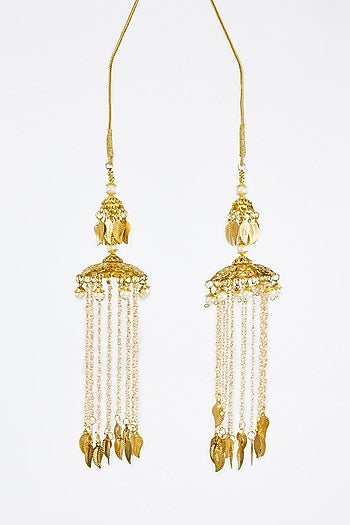 Gold Finish Kundan Polki & Pearl Strand Tying Kaleeras (Set Of 2)
