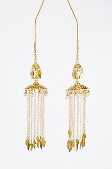 Gold Finish Kundan Polki & Pearl Strand Tying Kaleeras (Set Of 2)