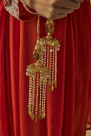 Gold Finish Kundan Polki & Pearl Strand Tying Kaleeras (Set Of 2)