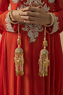 Gold Finish Kundan Polki & Pearl Strand Tying Kaleeras (Set Of 2)