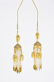 Gold Finish Kundan Polki & Pearl Strand Tying Kaleeras (Set Of 2)