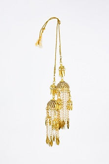 Gold Finish Kundan Polki & Pearl Strand Tying Kaleeras (Set Of 2)