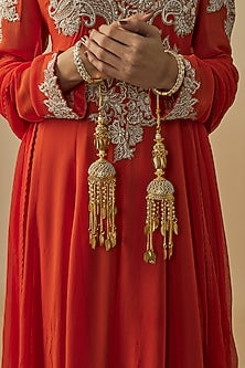 Gold Finish Kundan Polki & Pearl Strand Tying Kaleeras (Set Of 2)