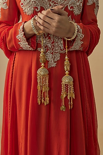 Gold Finish Kundan Polki & Pearl Strand Tying Kaleeras (Set Of 2)