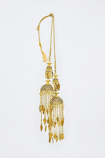 Gold Finish Kundan Polki & Pearl Strand Tying Kaleeras (Set Of 2)