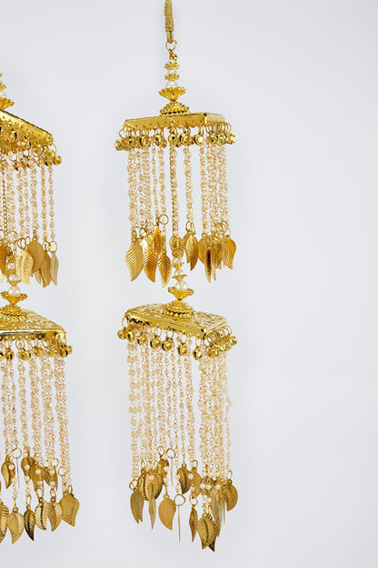 Gold Finish Kundan Polki & Pearl Strand Tying Kaleeras (Set Of 2)