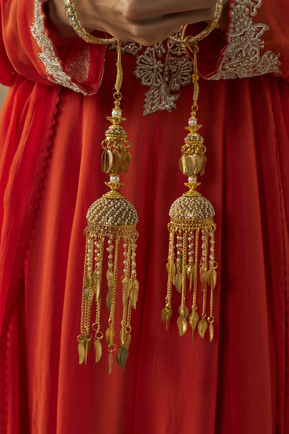 Gold Finish Kundan Polki & Pearl Strand Tying Kaleeras (Set Of 2)