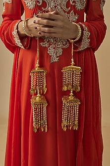 Gold Finish Kundan Polki & Pearl Strand Tying Kaleeras (Set Of 2)