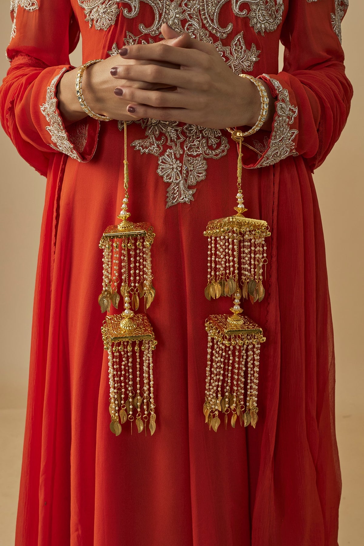 Gold Finish Kundan Polki & Pearl Strand Tying Kaleeras (Set Of 2)