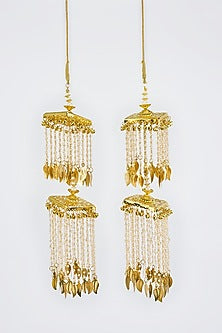 Gold Finish Kundan Polki & Pearl Strand Tying Kaleeras (Set Of 2)
