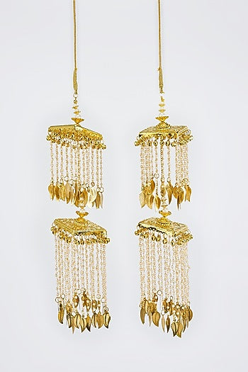 Gold Finish Kundan Polki & Pearl Strand Tying Kaleeras (Set Of 2)