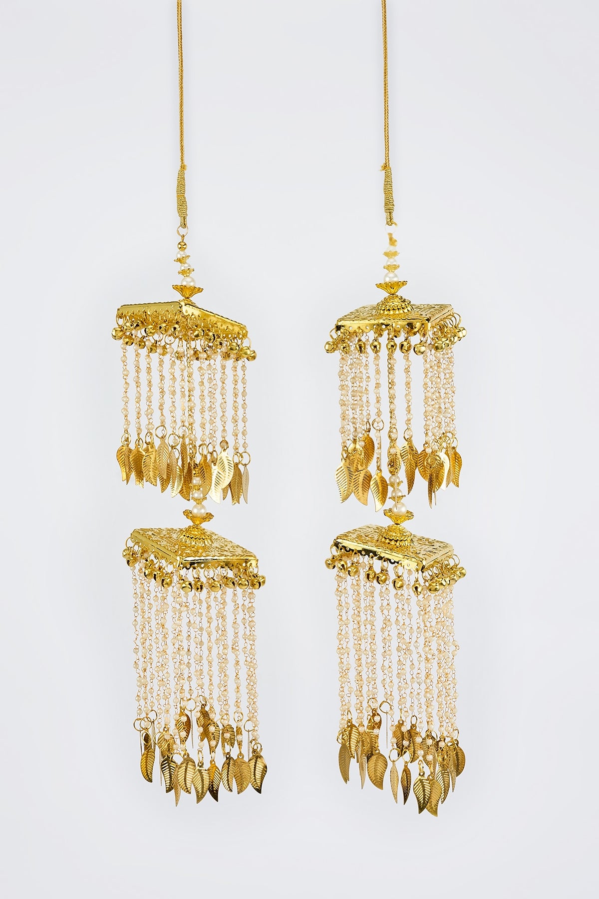 Gold Finish Kundan Polki & Pearl Strand Tying Kaleeras (Set Of 2)