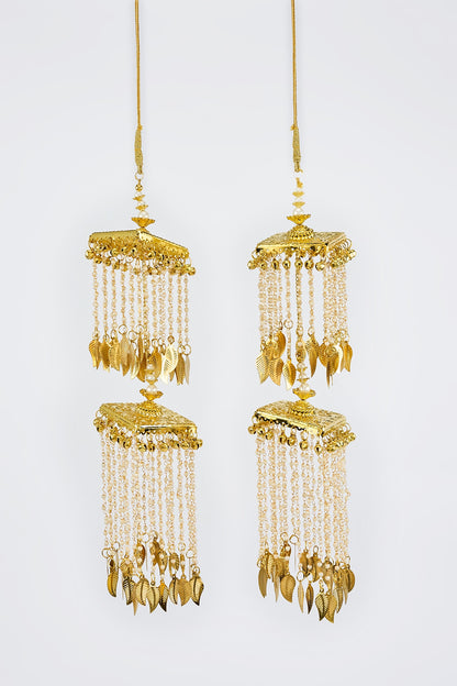 Gold Finish Kundan Polki & Pearl Strand Tying Kaleeras (Set Of 2)