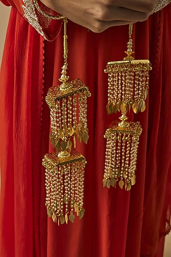 Gold Finish Kundan Polki & Pearl Strand Tying Kaleeras (Set Of 2)
