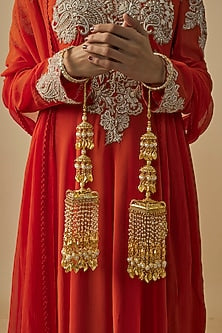 Gold Finish Kundan Polki & Pearl Strand Tying Kaleeras (Set Of 2)