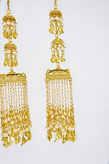 Gold Finish Kundan Polki & Pearl Strand Tying Kaleeras (Set Of 2)