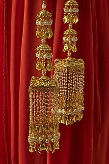 Gold Finish Kundan Polki & Pearl Strand Tying Kaleeras (Set Of 2)