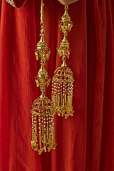 Gold Finish Kundan Polki & Pearl Strand Tying Kaleeras (Set Of 2)