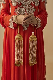 Gold Finish Kundan Polki & Pearl Strand Tying Kaleeras (Set Of 2)
