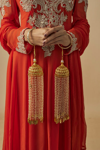 Gold Finish Kundan Polki & Pearl Strand Tying Kaleeras (Set Of 2)