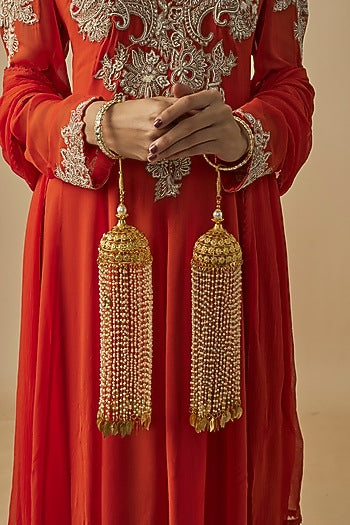 Gold Finish Kundan Polki & Pearl Strand Tying Kaleeras (Set Of 2)