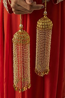 Gold Finish Kundan Polki & Pearl Strand Tying Kaleeras (Set Of 2)