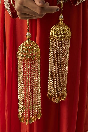 Gold Finish Kundan Polki & Pearl Strand Tying Kaleeras (Set Of 2)