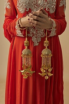 Gold Finish Kundan Polki & Pearl Strand Tying Kaleeras (Set Of 2)