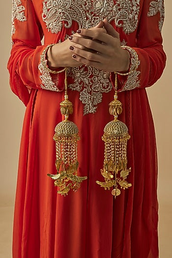 Gold Finish Kundan Polki & Pearl Strand Tying Kaleeras (Set Of 2)