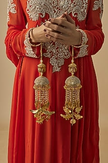 Gold Finish Kundan Polki & Pearl Strand Tying Kaleeras (Set Of 2)