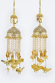 Gold Finish Kundan Polki & Pearl Strand Tying Kaleeras (Set Of 2)