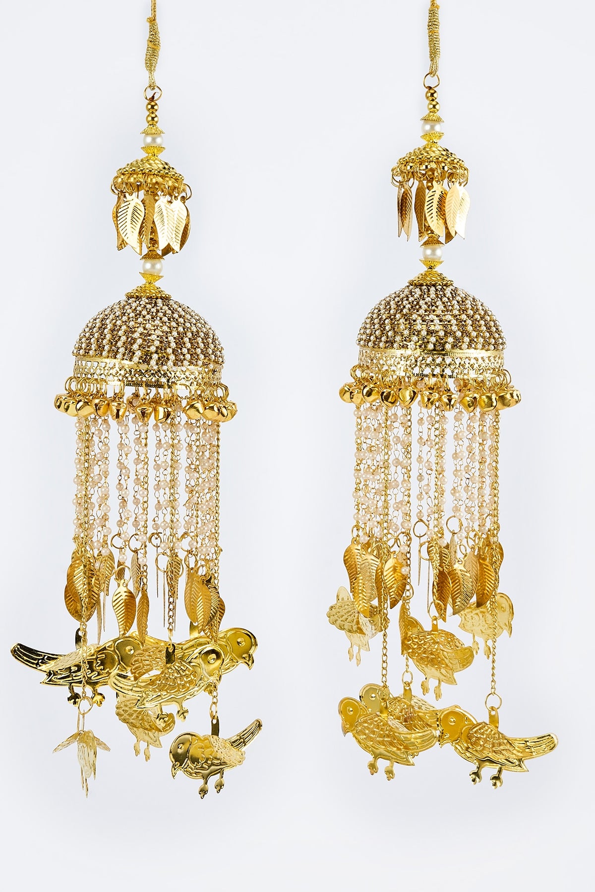 Gold Finish Kundan Polki & Pearl Strand Tying Kaleeras (Set Of 2)