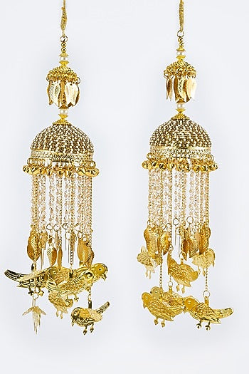 Gold Finish Kundan Polki & Pearl Strand Tying Kaleeras (Set Of 2)