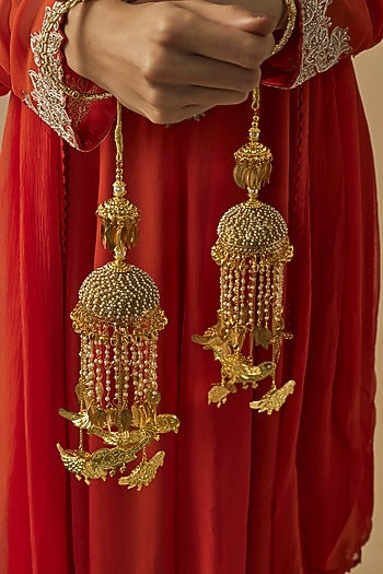 Gold Finish Kundan Polki & Pearl Strand Tying Kaleeras (Set Of 2)