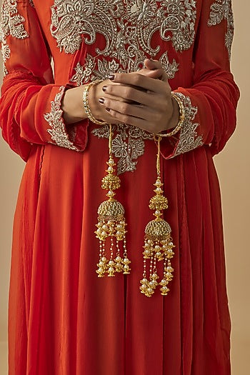 Gold Finish Kundan Polki & Pearl Strand Tying Kaleeras (Set Of 2)