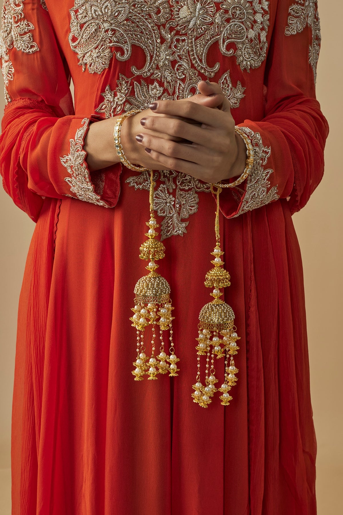 Gold Finish Kundan Polki & Pearl Strand Tying Kaleeras (Set Of 2)