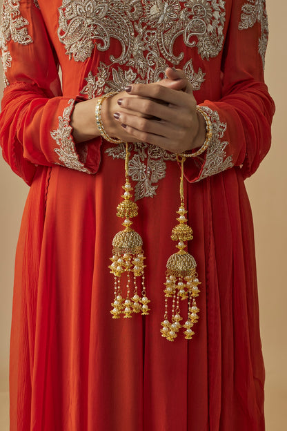 Gold Finish Kundan Polki & Pearl Strand Tying Kaleeras (Set Of 2)
