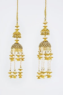 Gold Finish Kundan Polki & Pearl Strand Tying Kaleeras (Set Of 2)