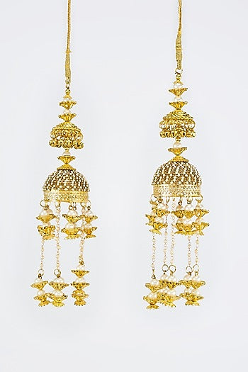 Gold Finish Kundan Polki & Pearl Strand Tying Kaleeras (Set Of 2)