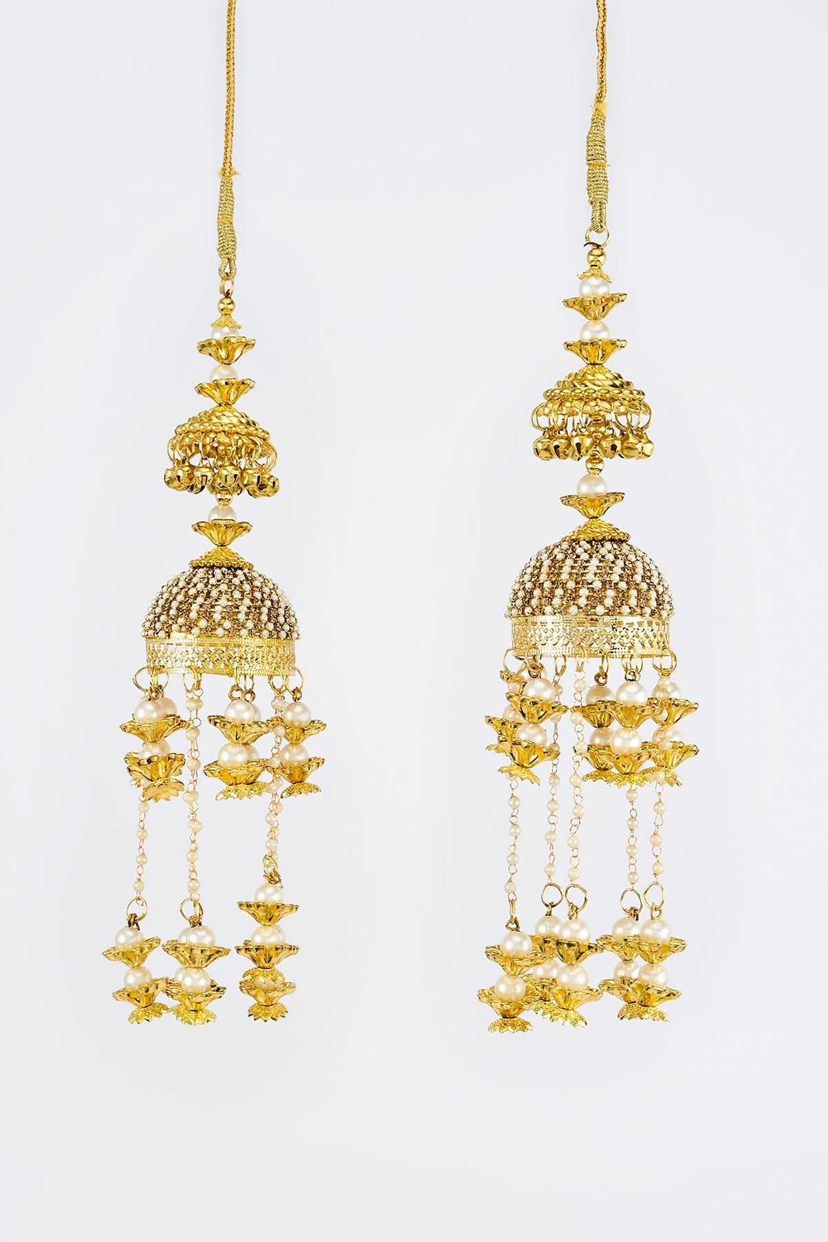Gold Finish Kundan Polki & Pearl Strand Tying Kaleeras (Set Of 2)