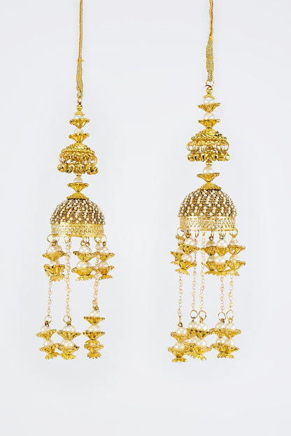 Gold Finish Kundan Polki & Pearl Strand Tying Kaleeras (Set Of 2)