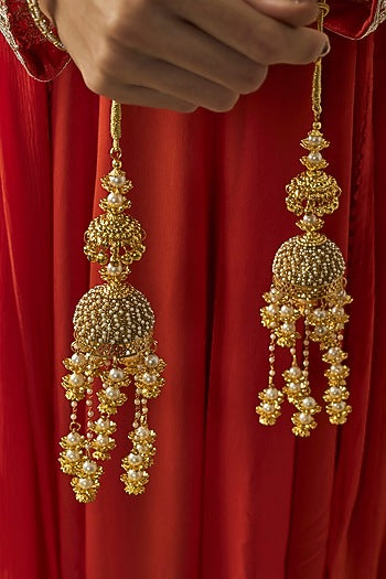 Gold Finish Kundan Polki & Pearl Strand Tying Kaleeras (Set Of 2)