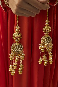 Gold Finish Kundan Polki & Pearl Strand Tying Kaleeras (Set Of 2)