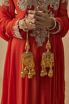 Gold Finish Kundan Polki & Pearl Strand Tying Kaleeras (Set Of 2)