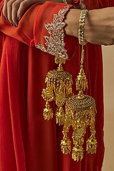 Gold Finish Kundan Polki & Pearl Strand Tying Kaleeras (Set Of 2)