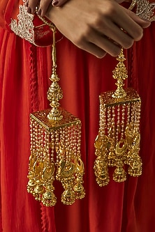 Gold Finish Kundan Polki & Pearl Strand Tying Kaleeras (Set Of 2)