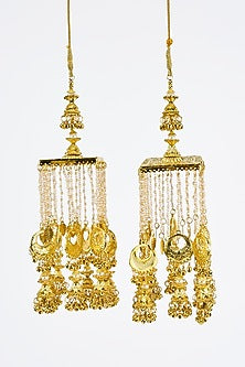 Gold Finish Kundan Polki & Pearl Strand Tying Kaleeras (Set Of 2)