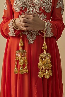 Gold Finish Kundan Polki & Pearl Strand Tying Kaleeras (Set Of 2)