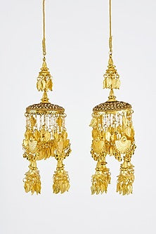 Gold Finish Kundan Polki & Pearl Strand Tying Kaleeras (Set Of 2)