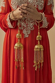 Gold Finish Kundan Polki & Pearl Strand Tying Kaleeras (Set Of 2)